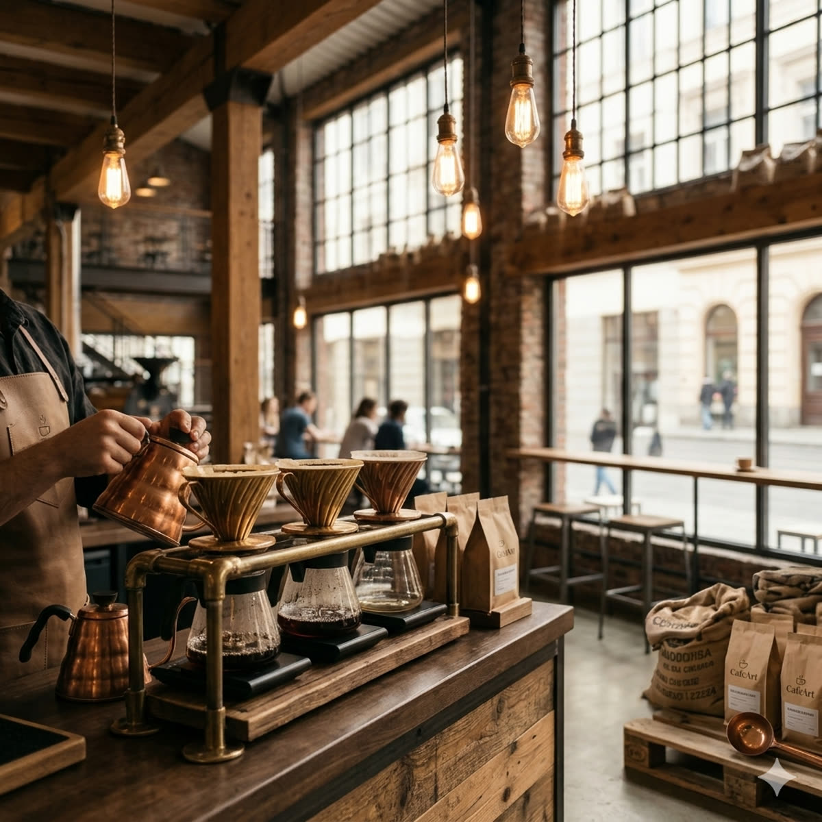 The espresso pour bar with a barista at the machine