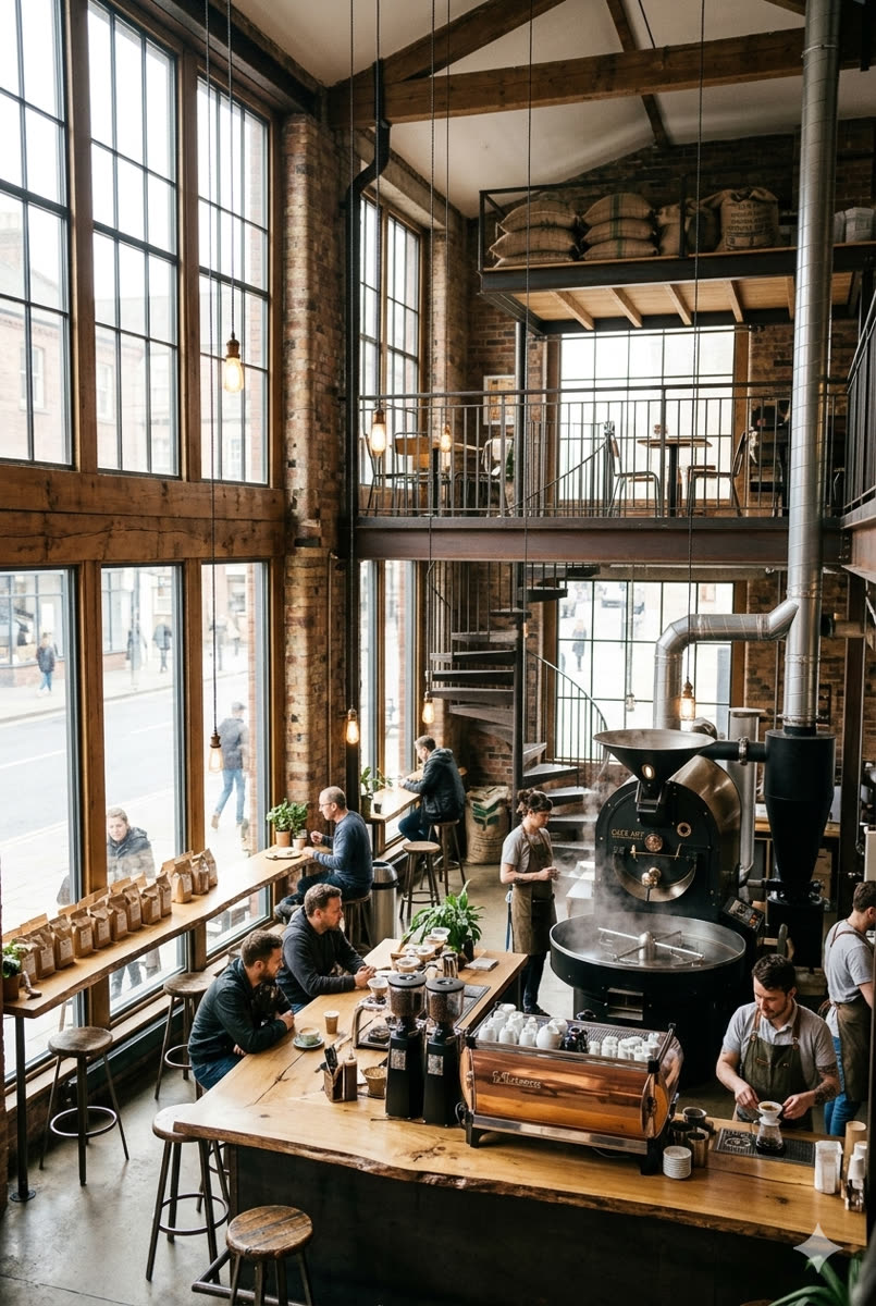 The roastery floor with the drum roaster and tall windows