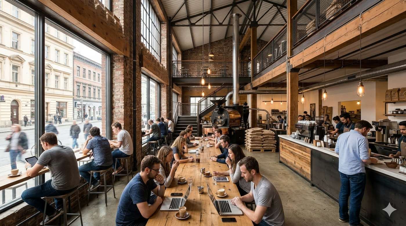 The long communal table filled with guests