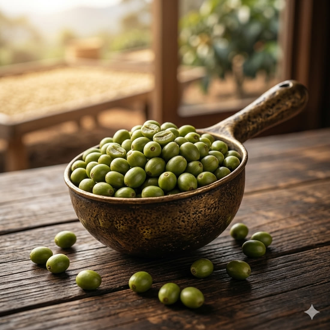 A scoop of fresh green coffee cherries from the harvest
