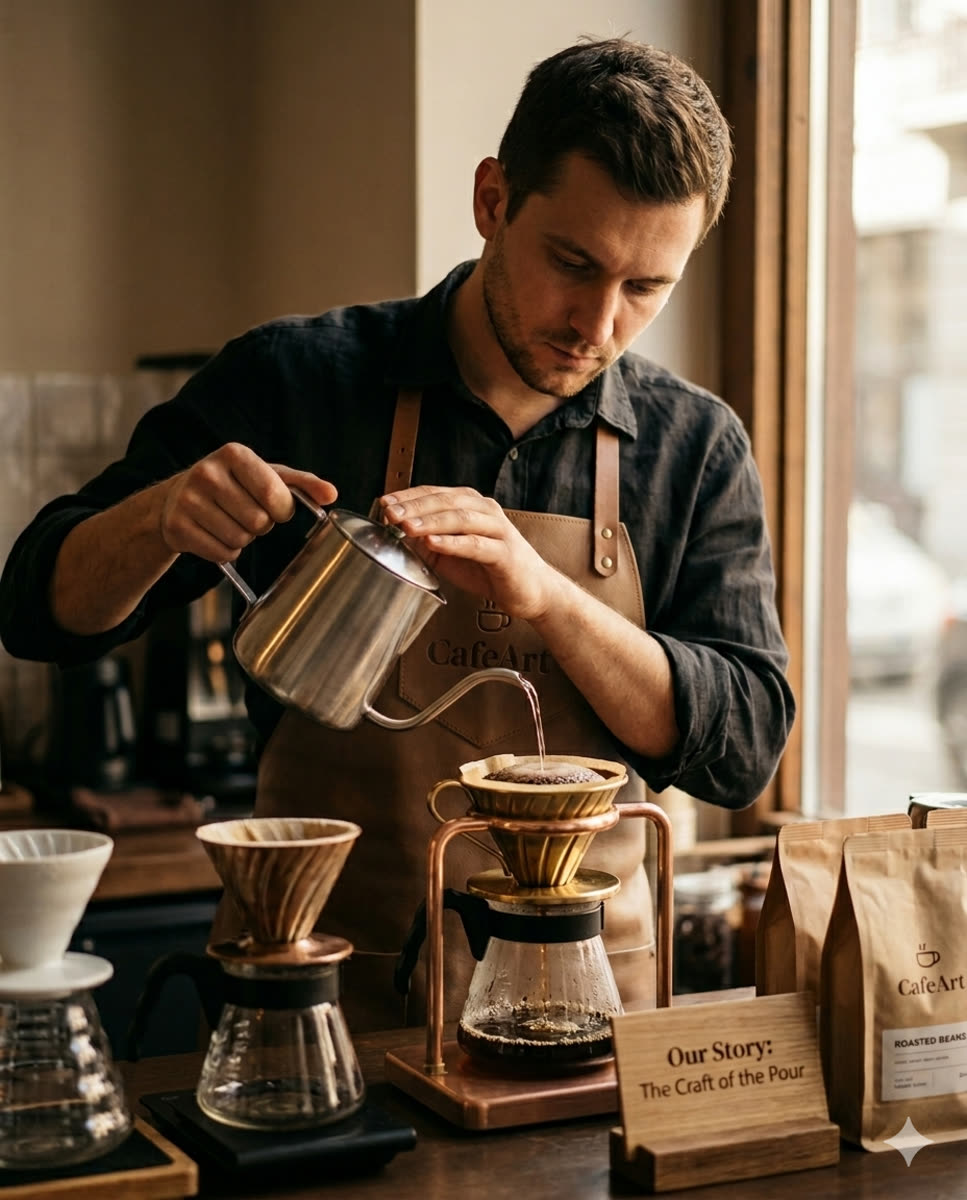 A barista pouring steamed milk to finish a latte at the CafeArt bar